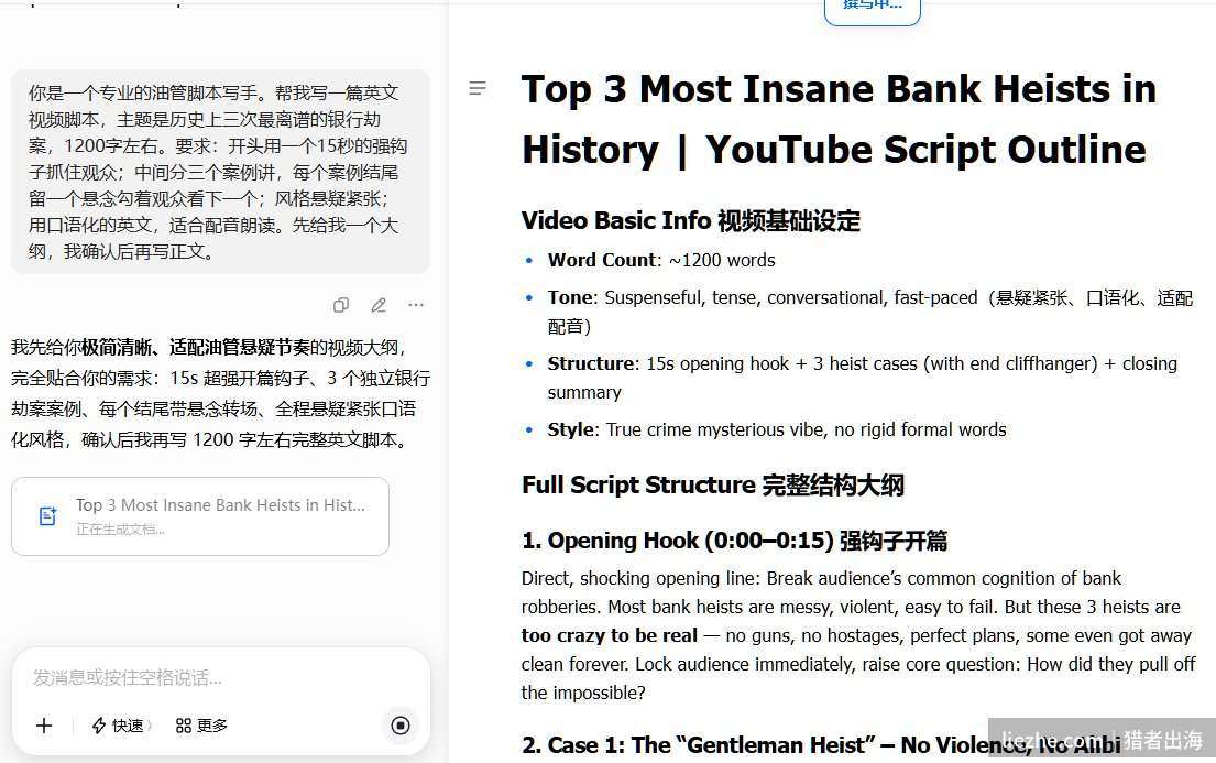 用中文指令让AI生成英文油管脚本大纲示范