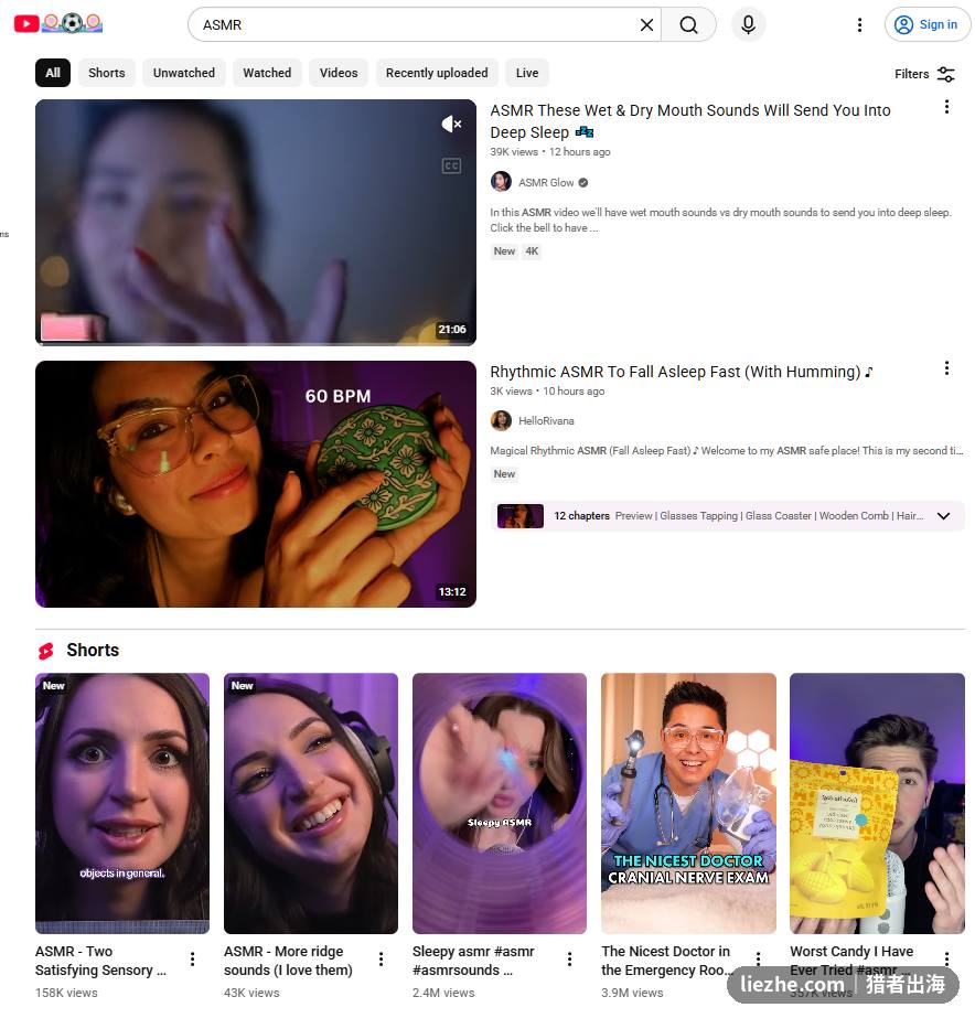 YouTube上的ASMR视频内容和播放数据