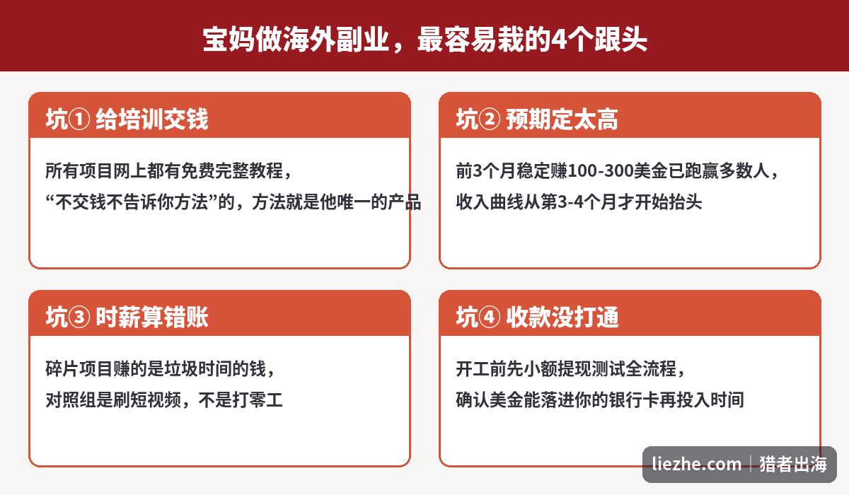宝妈做海外副业最容易栽的四个跟头避坑总结图
