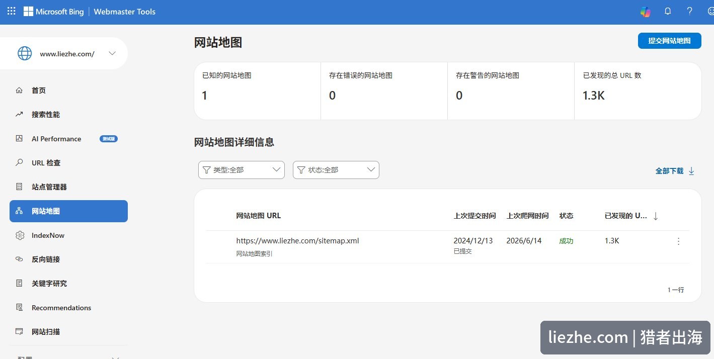 Bing站长工具网站地图提交成功，已发现1.3K个URL