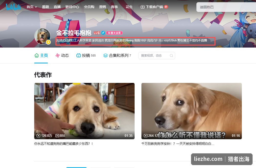 B站宠物区up主主页简介中直接标注商务合作联系方式