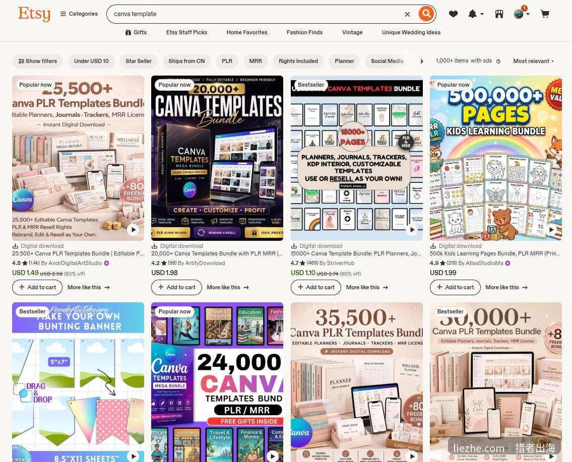 Etsy搜索canva template结果,大量低价大套装竞品红海