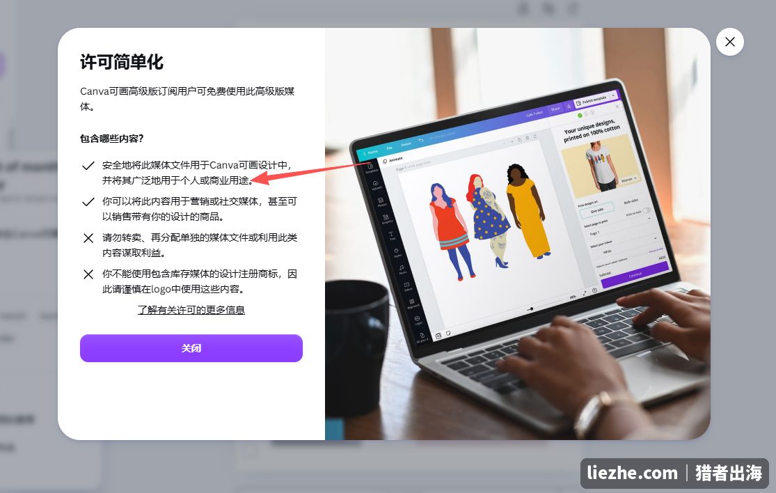 Canva许可简单化弹窗说明：可商用、可销售带你设计的商品，但不能转卖单独媒体文件