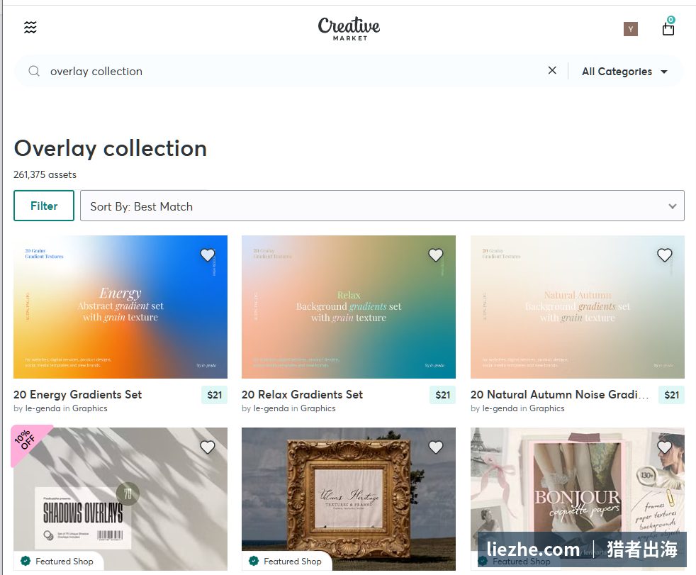 Creative Market搜索overlay collection显示26万个素材资产