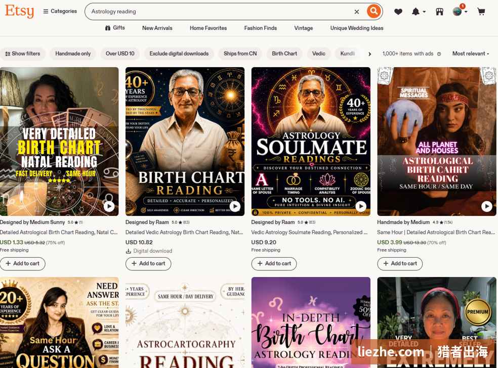 Etsy上占星reading搜索结果,玄学解读产品琳琅满目