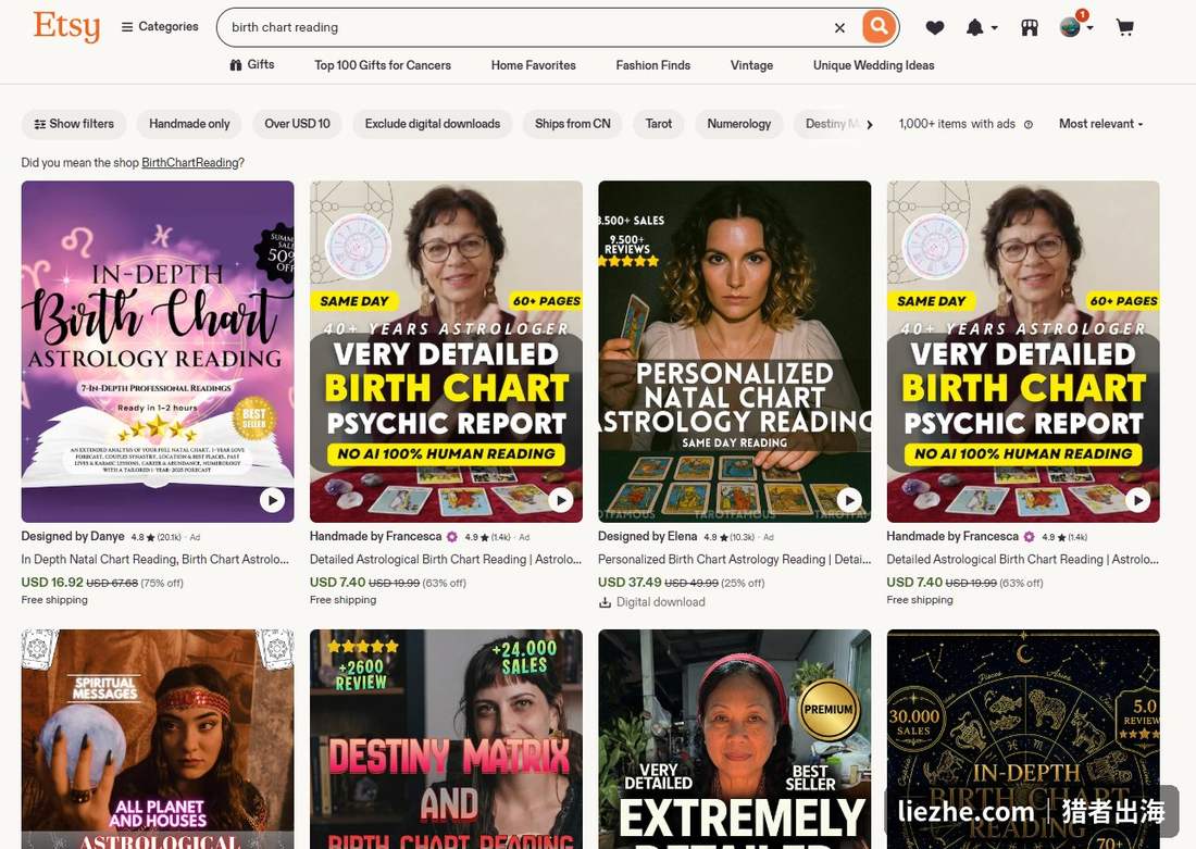 Etsy搜索birth chart reading出生星盘解读的结果