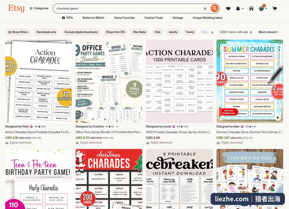 Etsy搜索charades game的结果页，多款你画我猜卡数字下载产品，价格2-9美金、评价数百到上千条，含儿童版夏日版圣诞版
