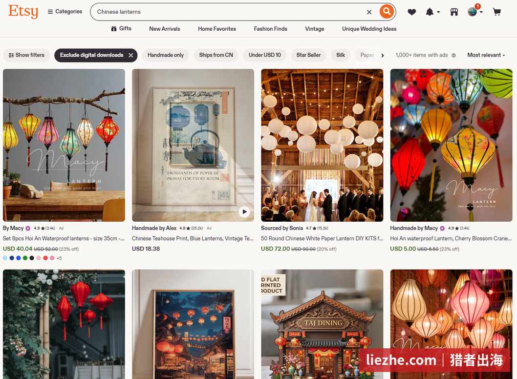 Etsy 搜索中国灯笼效果产品价格从 5 到 72 蜡烛不等