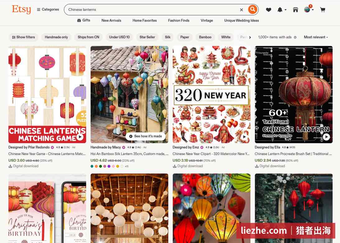 Etsy上灯笼主题数字产品:布局游戏3.60屏幕、新年剪贴画3.18屏幕、Procreate笔刷2.94场景