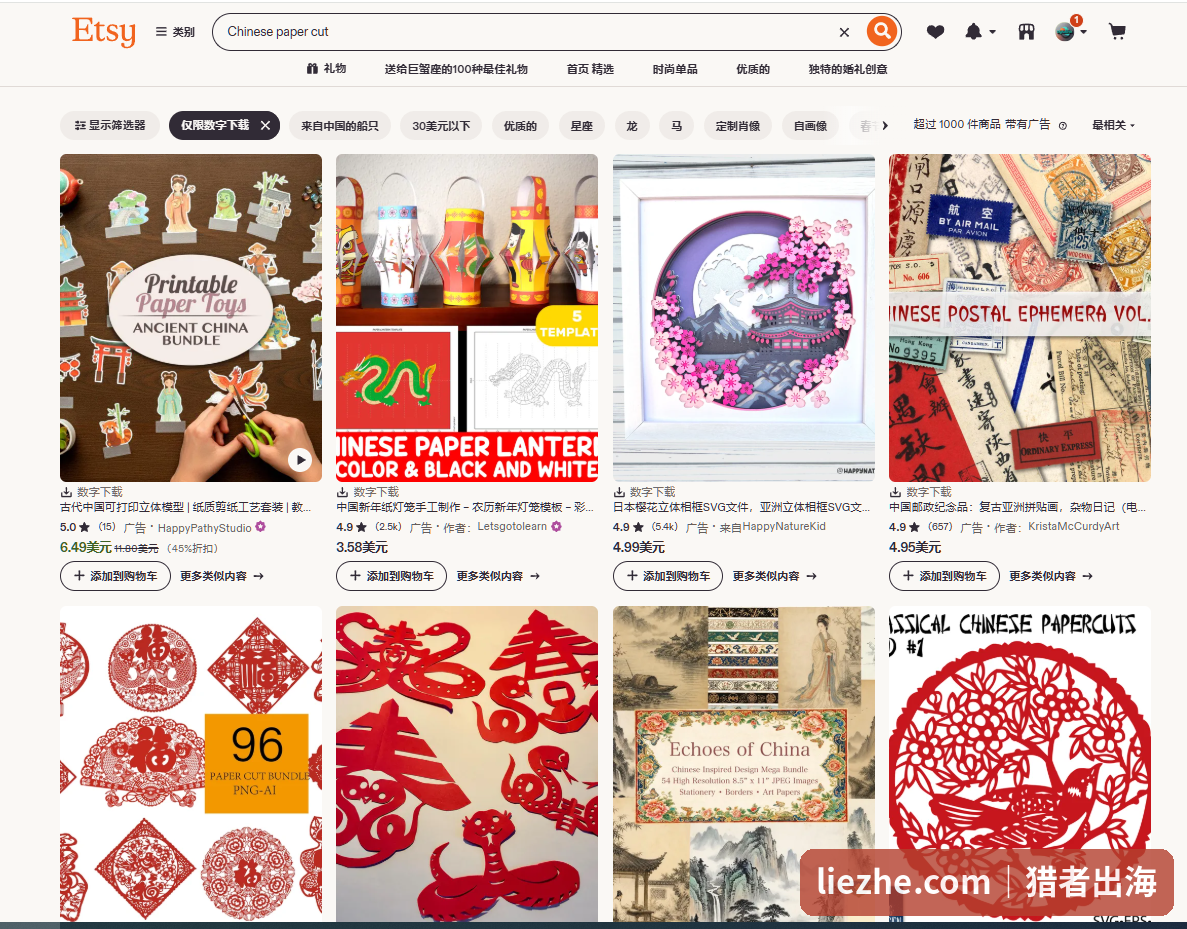 Etsy搜索Chinese paper cut结果 中国剪纸产品超过1000件带广告 老外店铺售卖