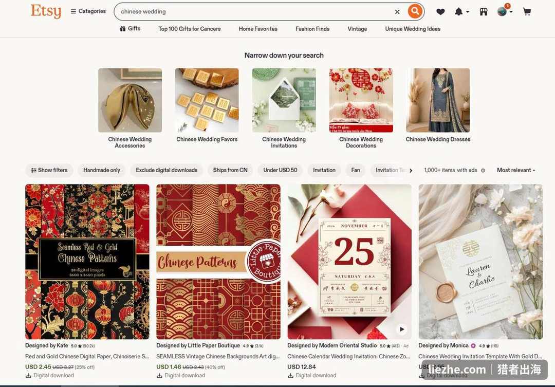 Etsy搜索chinese wedding结果页,中式请柬、装饰、旗袍上万个商品