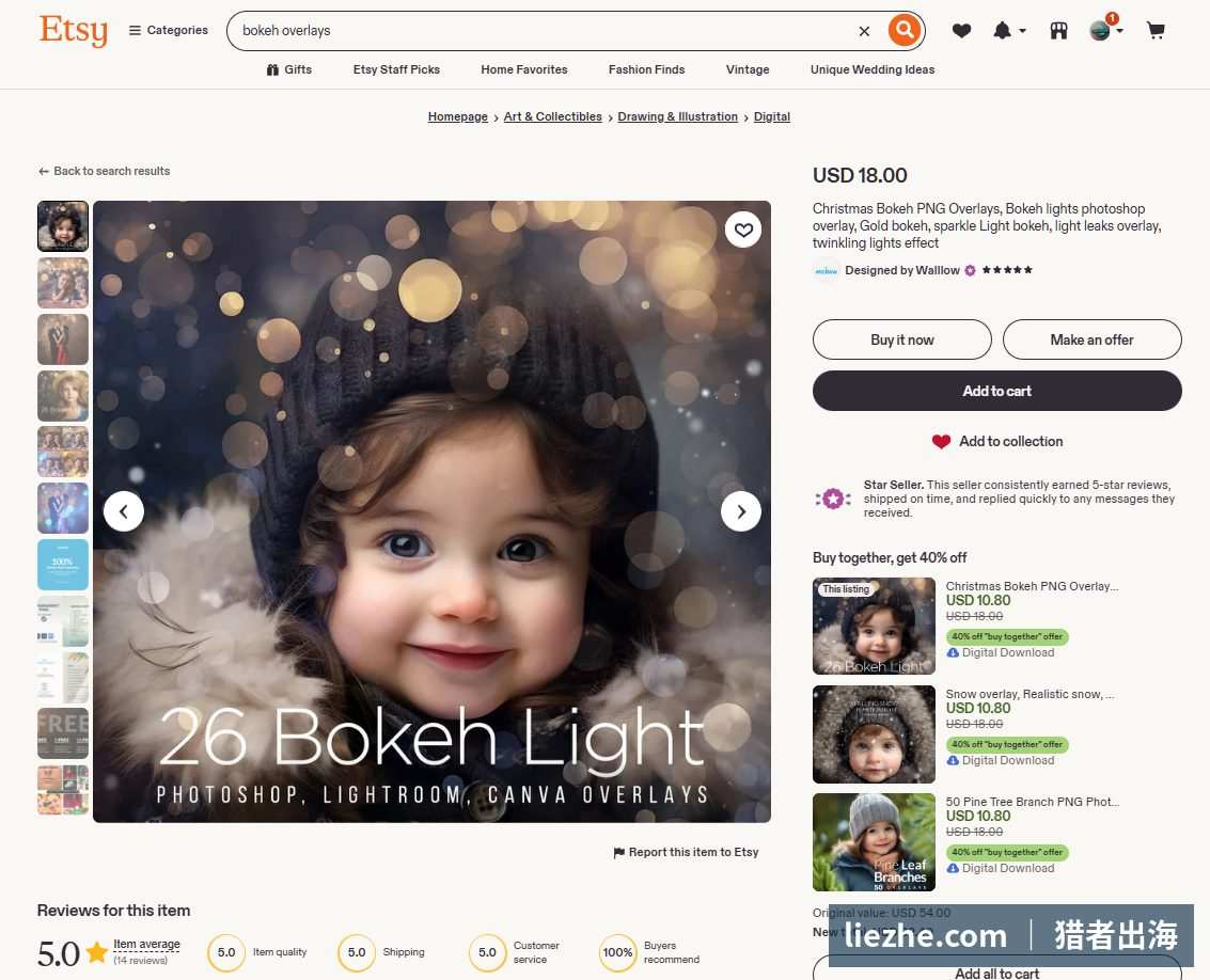 Etsy圣诞光斑PNG overlay商品页,5星评价并搭配组合销售