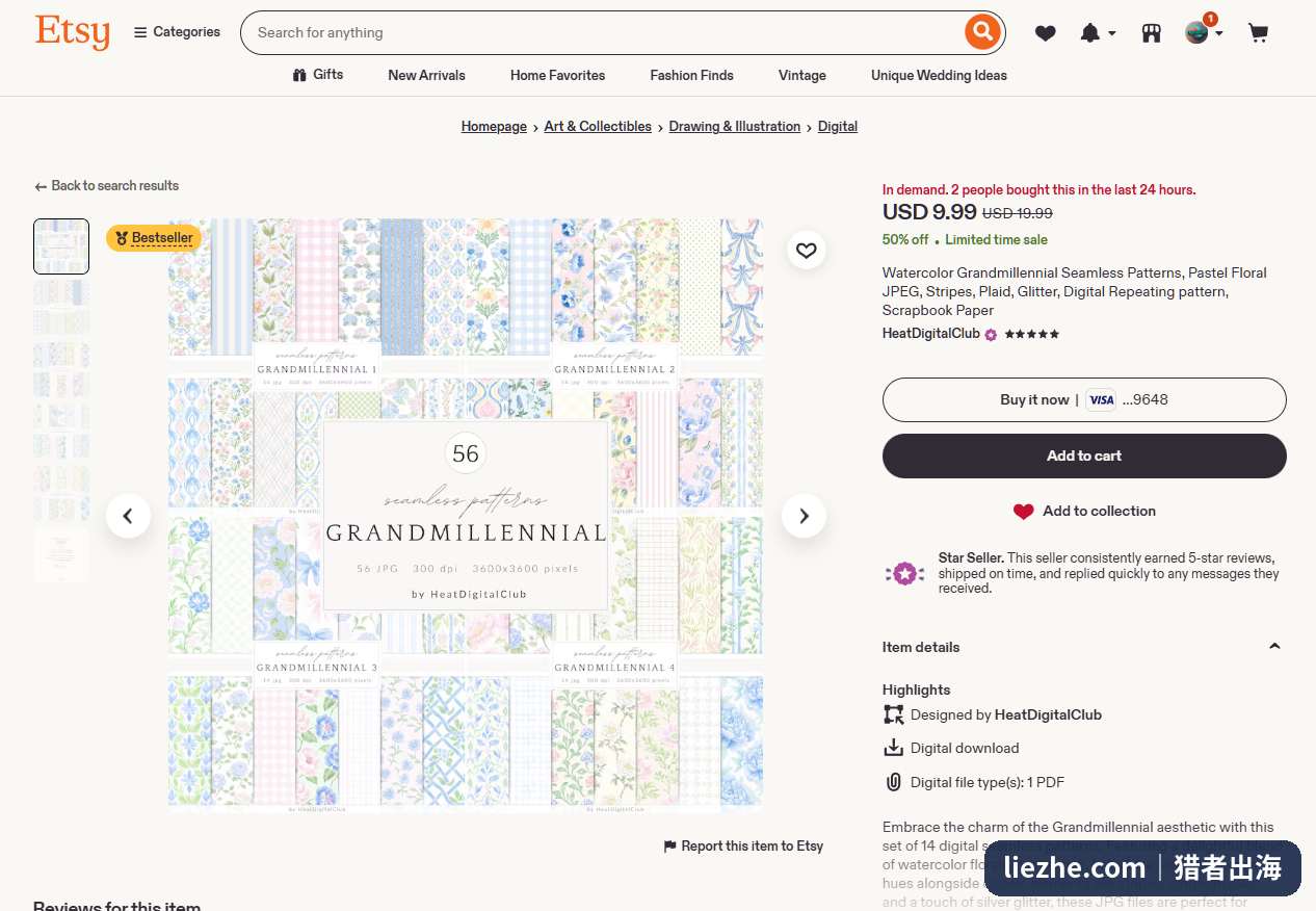 Etsy上一款标着Bestseller的数字纹样纸包，56张无缝拼贴纸卖9.99美金
