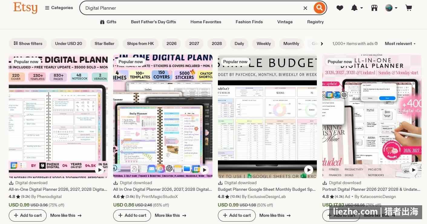 Etsy上Digital Planner数字计划表品类的热卖产品，销量数千份