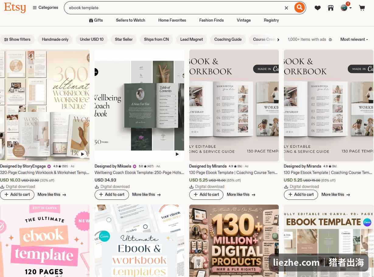 Etsy搜索ebook template的结果页,电子书排版模板价格从5美金到35美金不等,头部listing评价上千