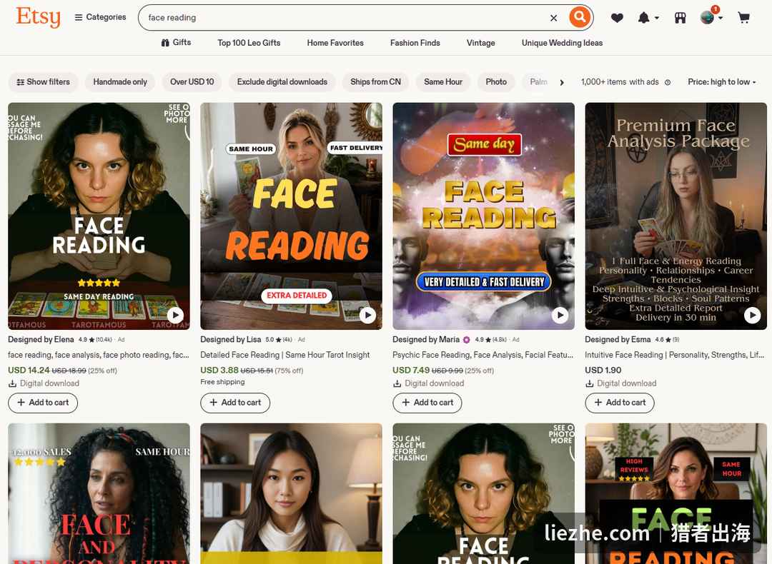 Etsy face reading 面相解读店铺搜索结果与定价