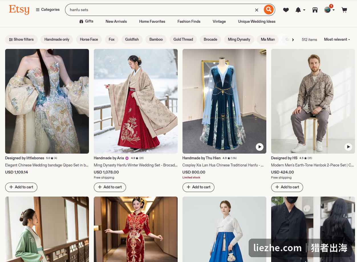 Etsy搜索hanfu sets结果512件商品售价800到1109美金