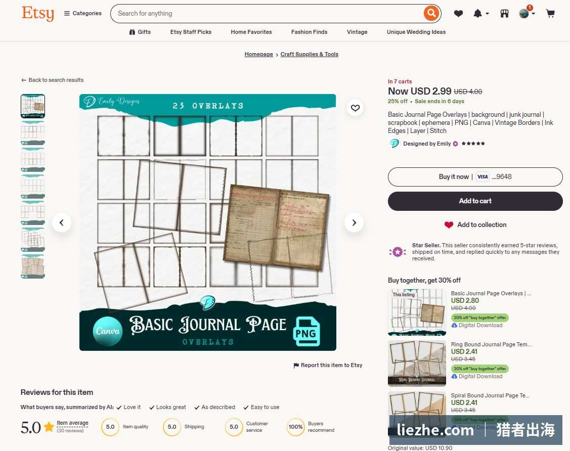 Etsy手账剪贴簿junk journal overlay商品页,切欧美手工爱好群体