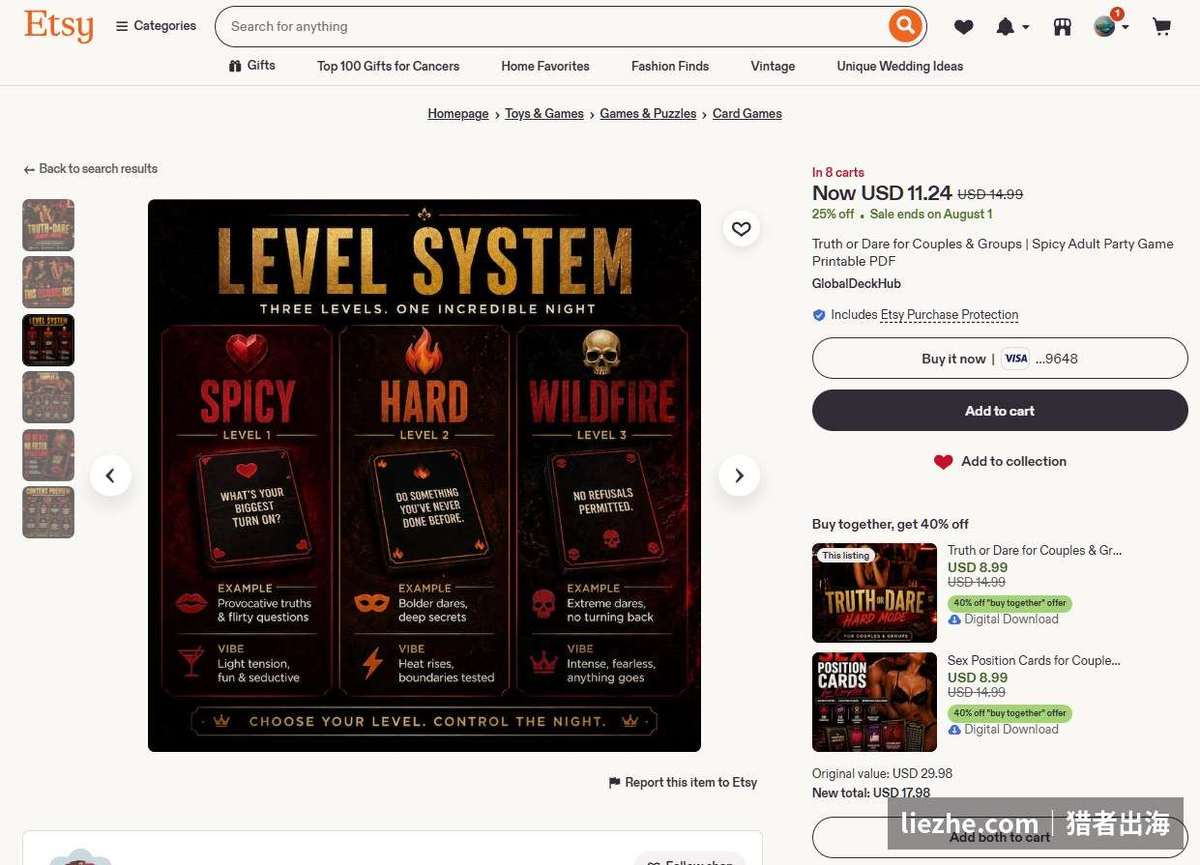 Etsy上一款可打印卡牌游戏,采用三级难度分级系统设计,售价11.24美元