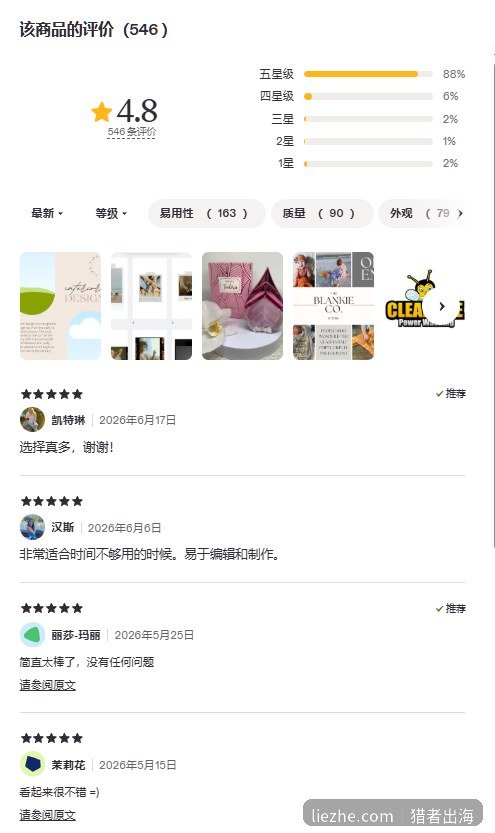 Etsy某Canva模板商品546条评价,88%五星好评