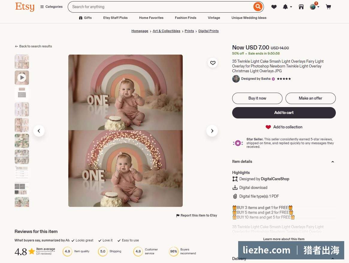 Etsy新生儿串灯光效overlay商品页,含修图前后对比主图