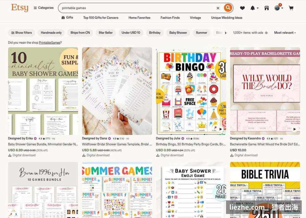 Etsy搜索printable games显示5000多件在售数字产品的结果截图