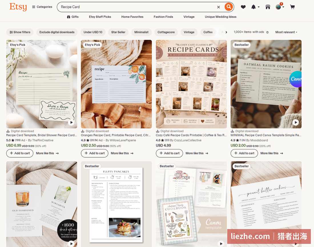 Etsy上recipe card食谱卡片模板在售