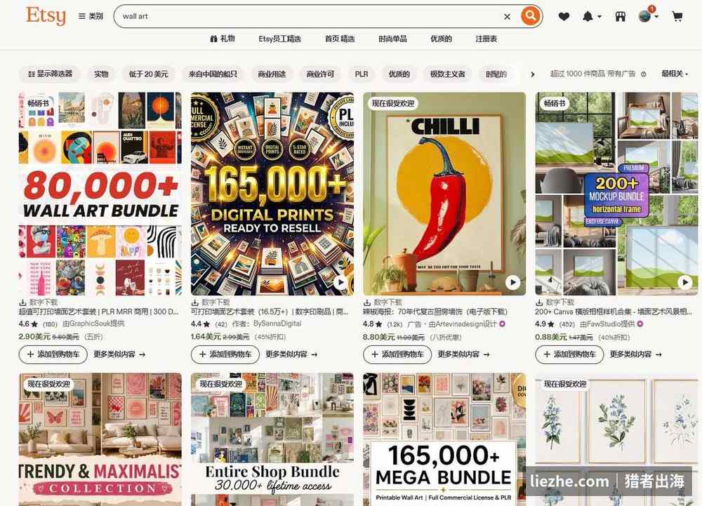 在Etsy搜索wall art交叉验证装饰画需求