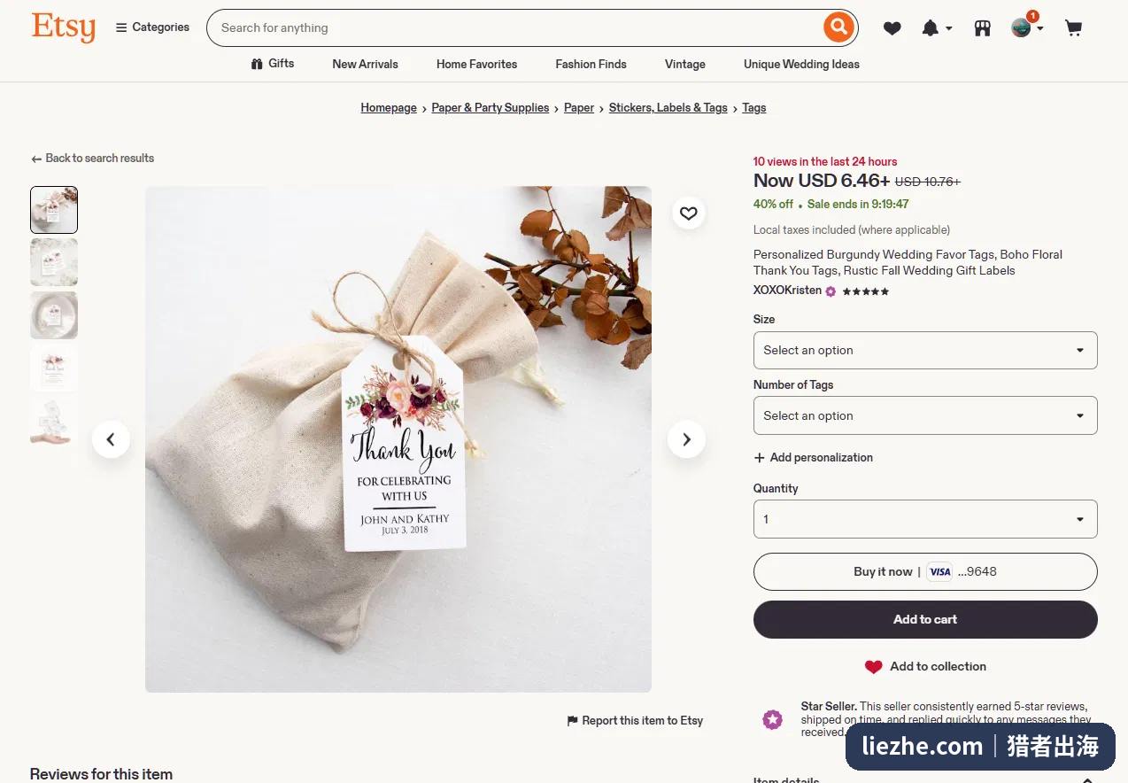 Etsy上勃艮第酒红色婚礼伴手礼标签，6.46美金起，挂在婚礼小礼袋上的Thank You花卉标签