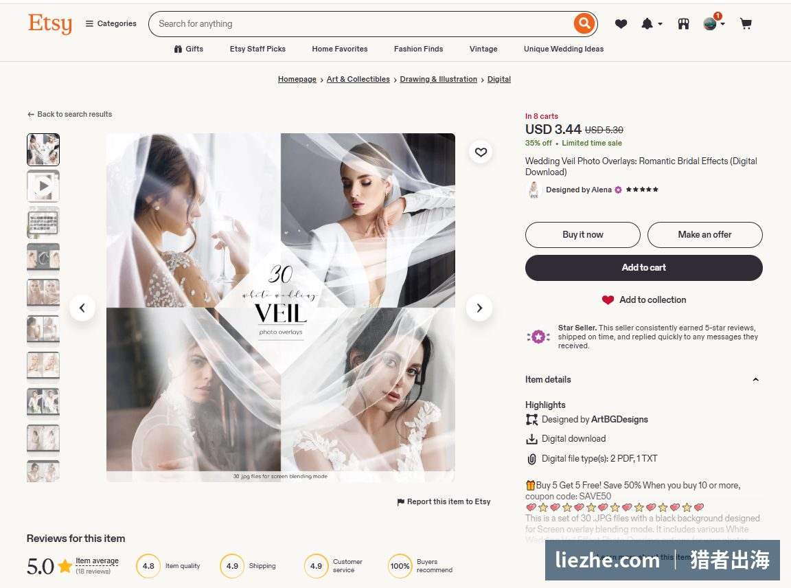 Etsy婚纱头纱photo overlay商品页,专攻婚礼细分市场