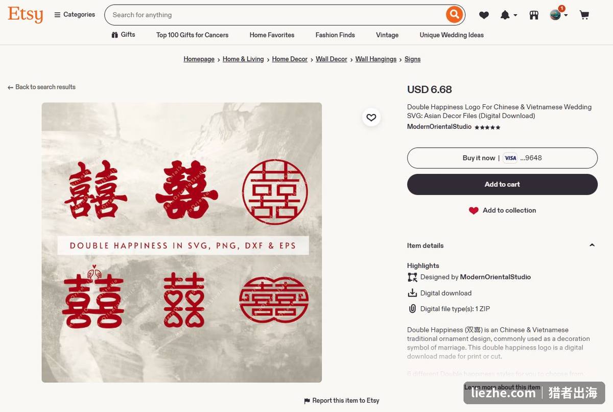 Etsy囍字double happiness矢量SVG素材包,数字下载售价6.68美元