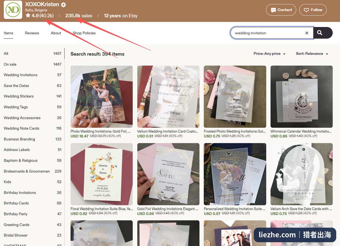 Etsy婚礼纸品店XOXOKristen，4.9分四万评价，累计23.5万单销量，开店12年