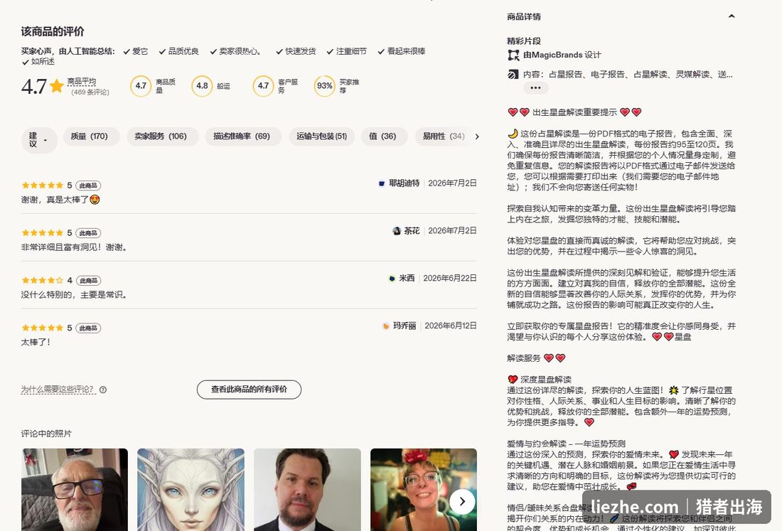 Etsy占星报告商品评价页显示469条评论和PDF电子报告说明