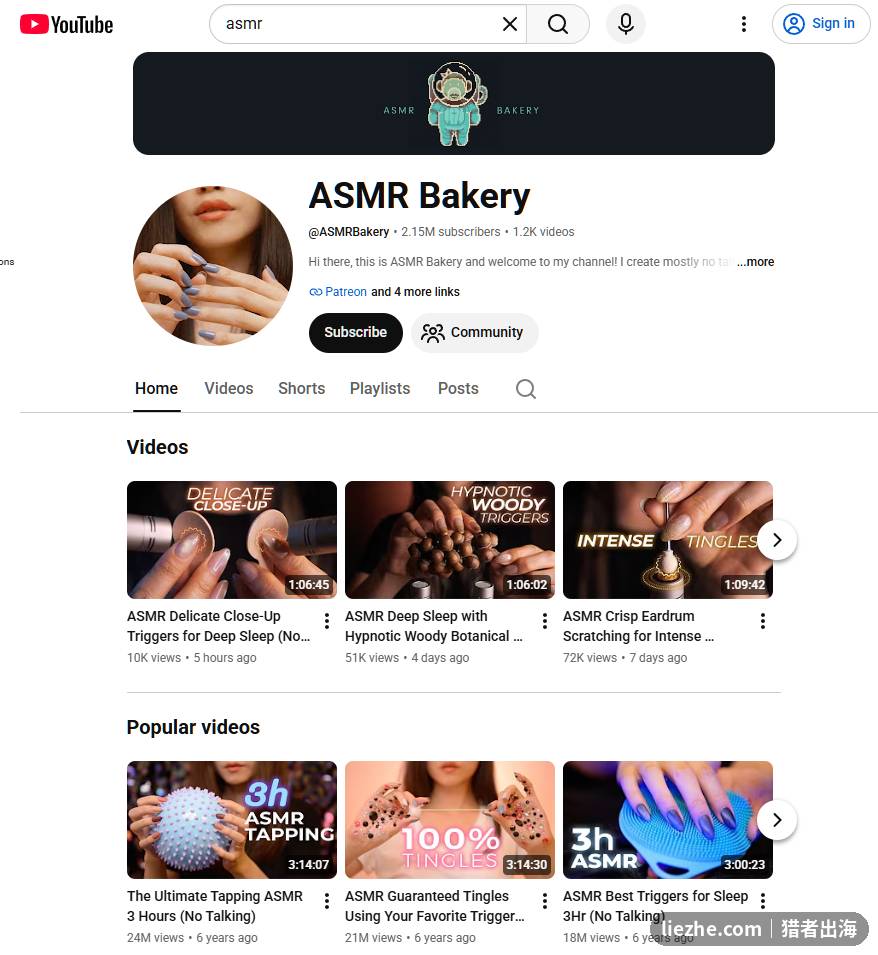 不露脸YouTube频道ASMR案例订阅与播放数据