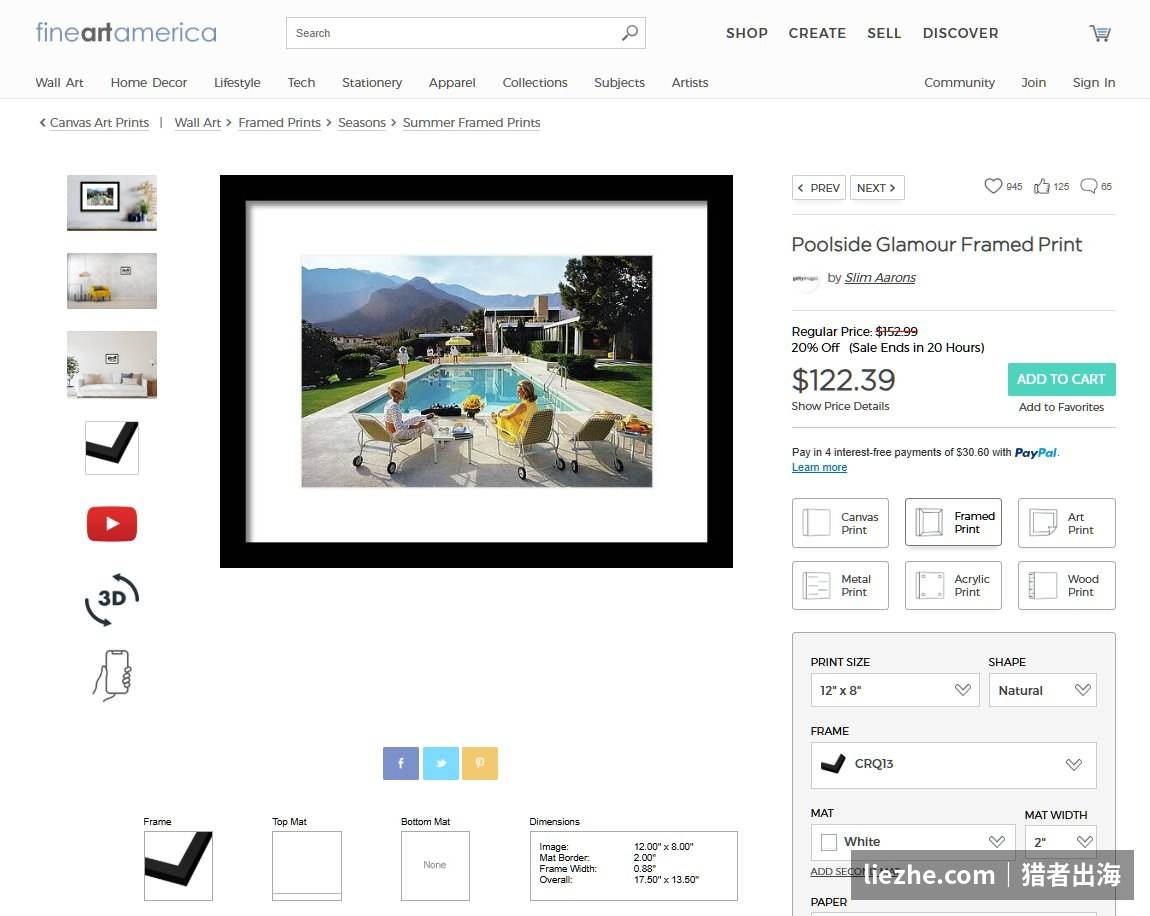 Fine Art America装裱画商品详情页,售价122美金支持PayPal分期