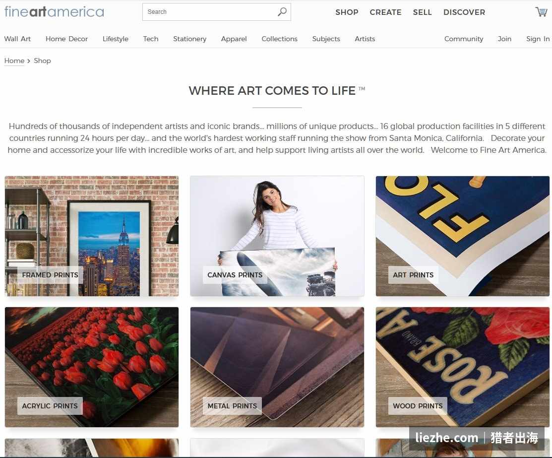 Fine Art America首页展示的画布画、装裱画、金属画等产品类型