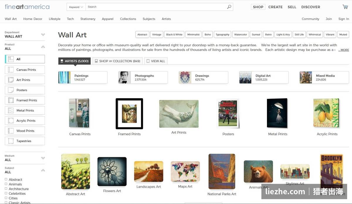 Fine Art America墙面艺术分类页和各品类图片数量