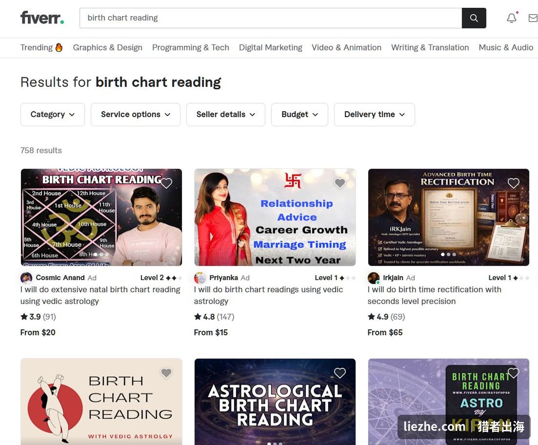 Fiverr搜索birth chart reading显示758个占星接单服务