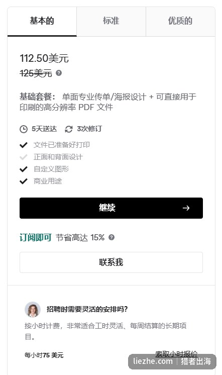 Fiverr海报设计服务的基础套餐,112.5美元,包含单面专业传单海报设计和可印刷的高分辨率PDF文件,5天送达3次修订
