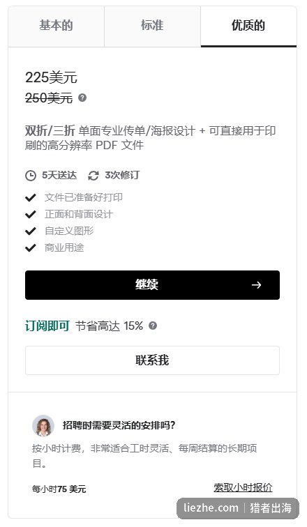 Fiverr海报设计服务的优质套餐,225美元,提供双折三折的单面专业传单海报设计
