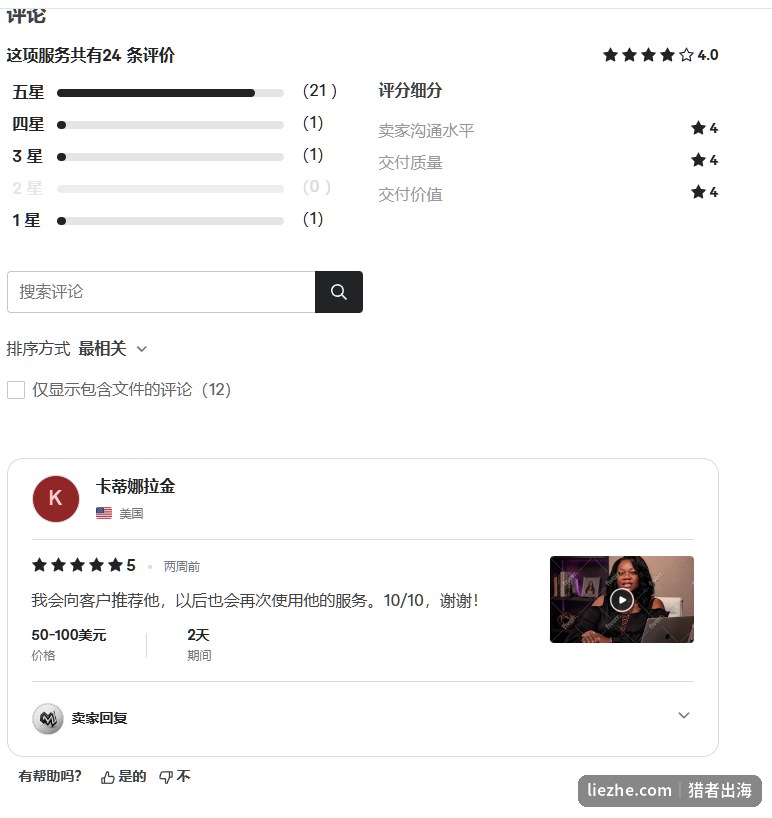 Fiverr买家评价页面，24条评价21个五星，成交价50-100美元