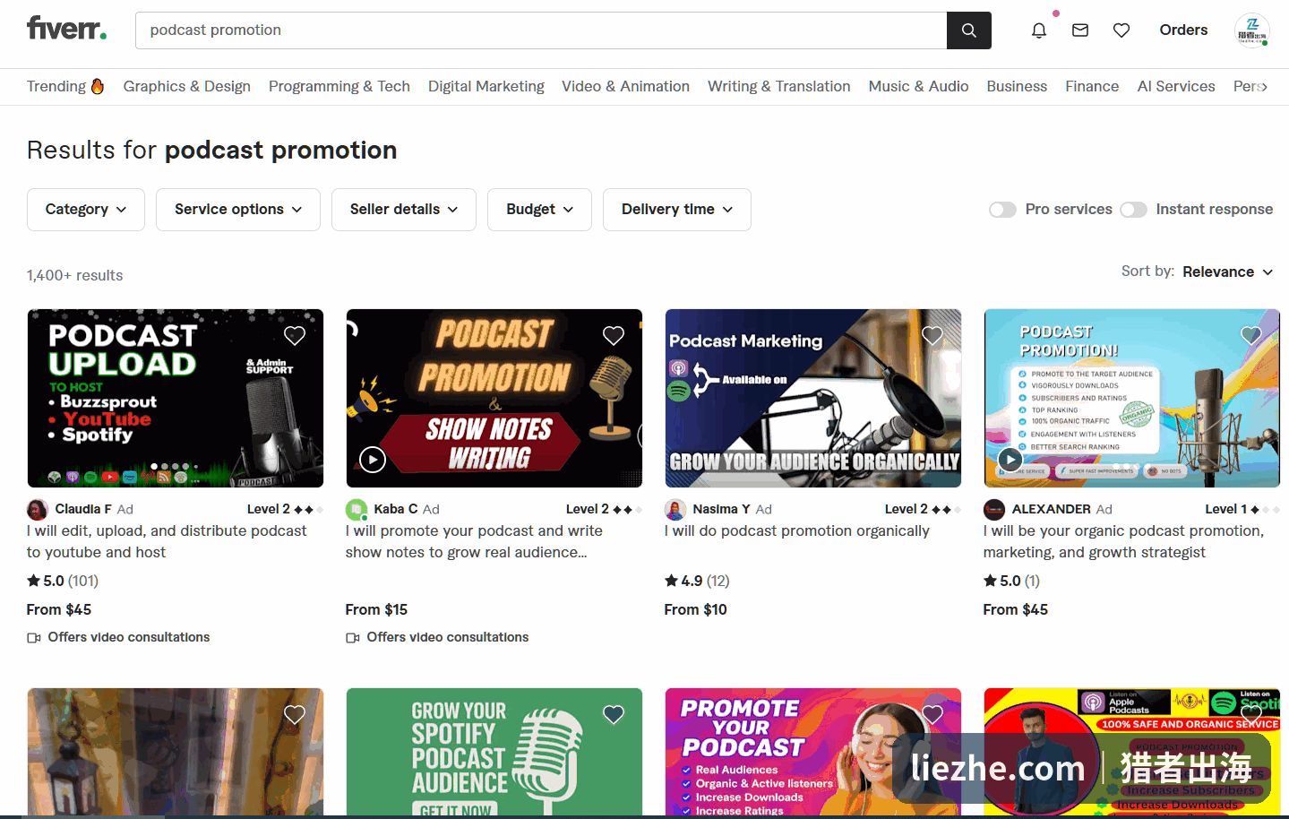 Fiverr搜索podcast promotion出现1400多个播客推广卖家的结果页