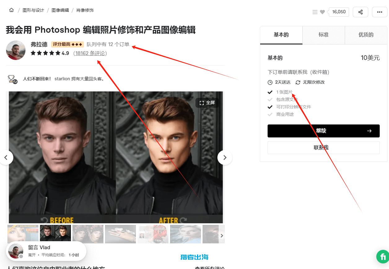 Fiverr照片修饰服务页面,18162条评论,基础套餐10美元,队列中12个订单