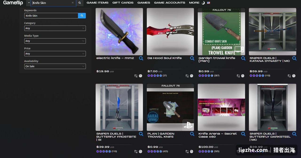 Gameflip上搜索Knife Skin刀皮的结果:海外标价多在几十美金