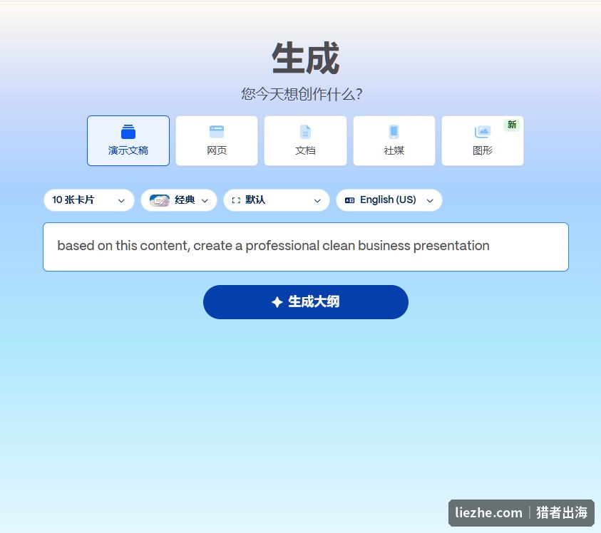 Gamma生成演示文稿界面,输入提示词生成大纲