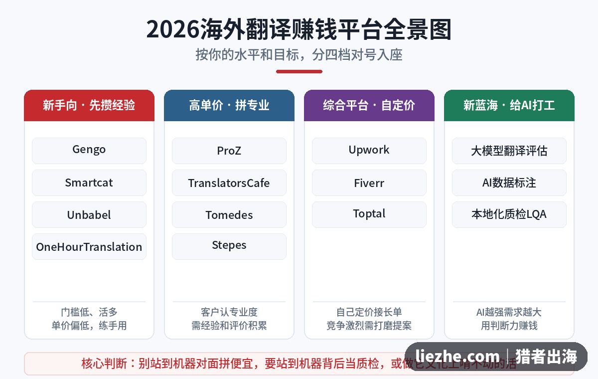 2026海外翻译赚钱平台全景图,按新手向、高单价、综合平台、新蓝海四档分类