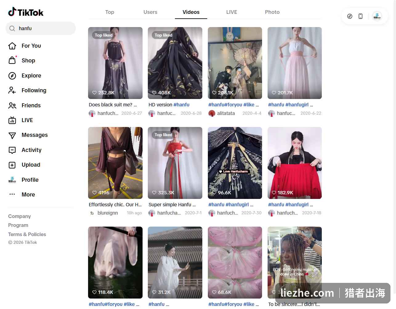 TikTok搜索hanfu大量高赞汉服视频动辄数十万点赞