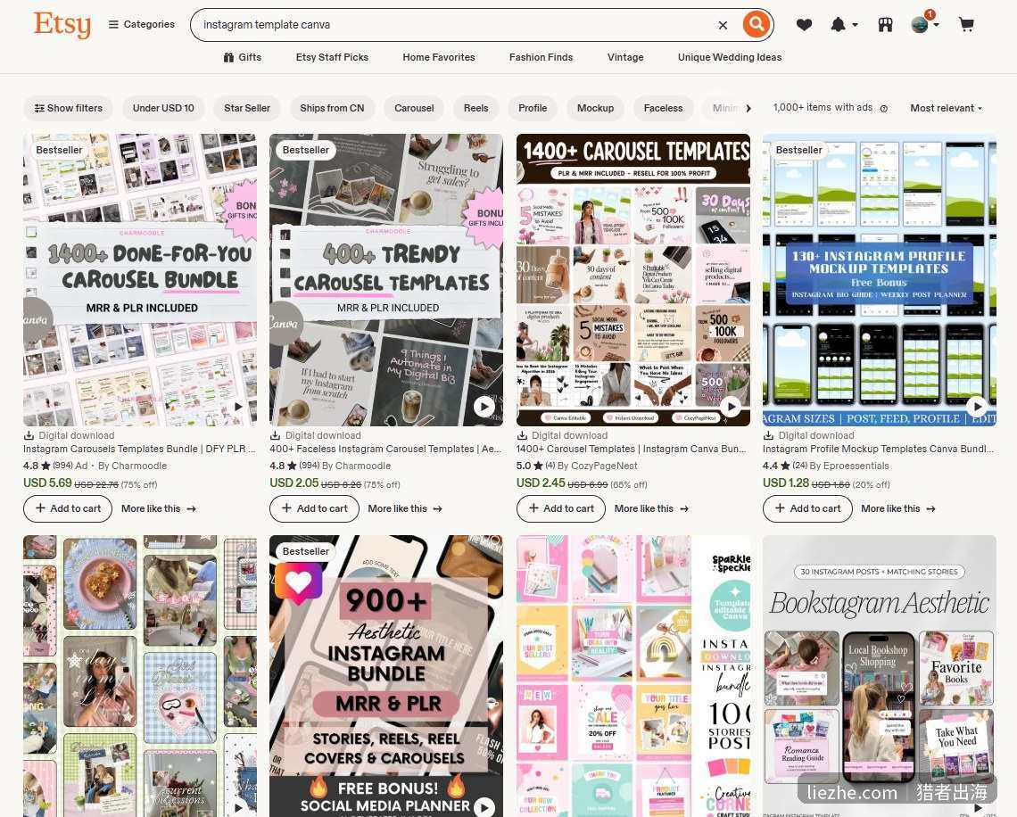 Etsy搜索instagram template canva的细分模板结果