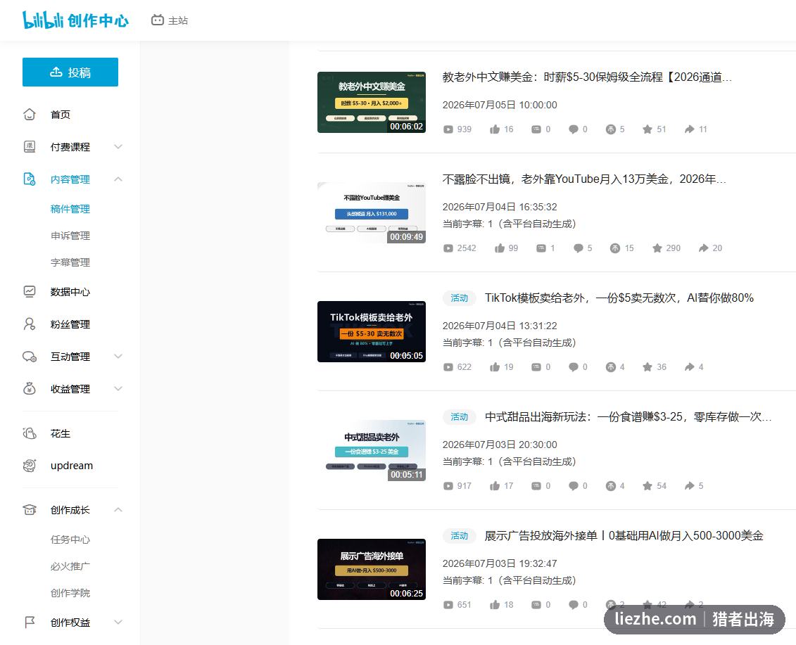 猎者出海B站创作后台的出海项目视频列表,含不露脸YouTube赚美金选题