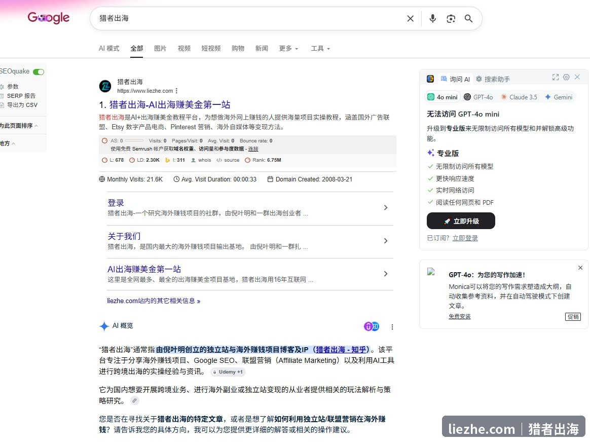 谷歌搜索猎者出海品牌词liezhe.com排名第一